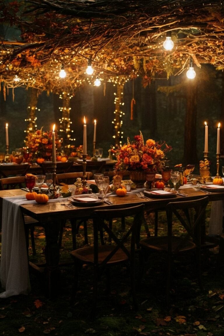 Autumnal wedding table with warm lighting and foliage decorations