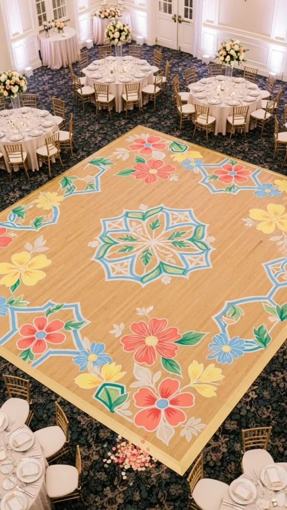Dance floor with colorful floral designs, wedding decor