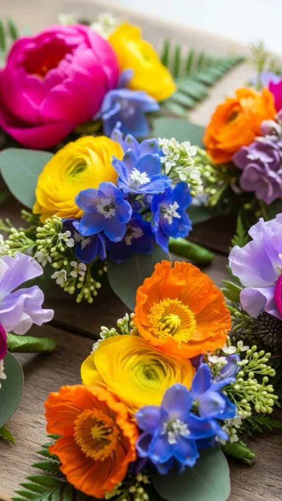 Colorful floral boutonnieres with vibrant blooms