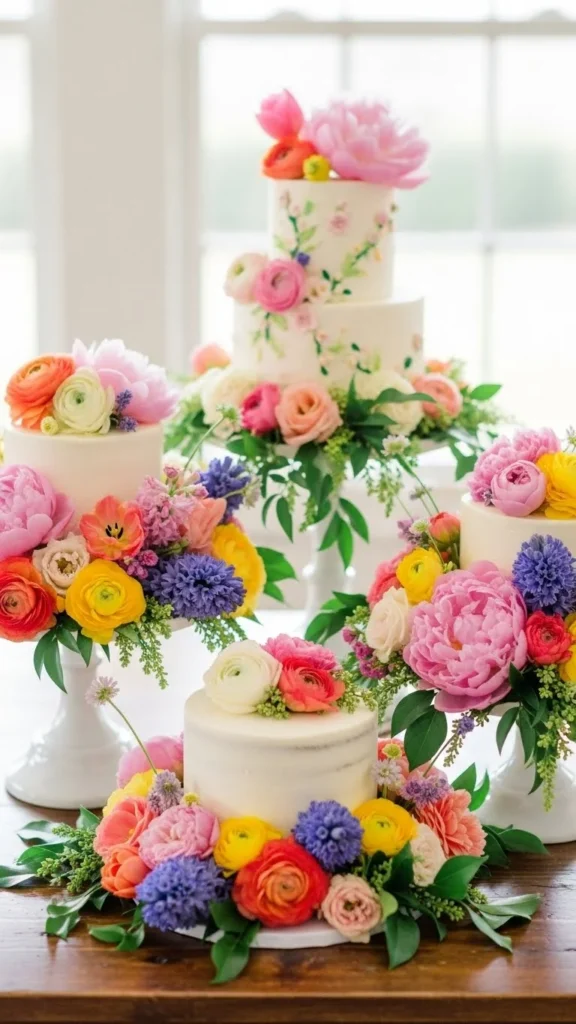 Wedding cakes with colorful floral decorations