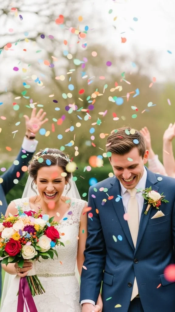 Couple celebrating with colorful confetti at wedding