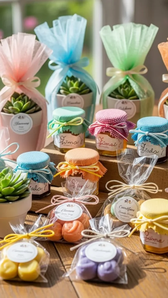 Colorful wedding favors with pastel packaging and succulents