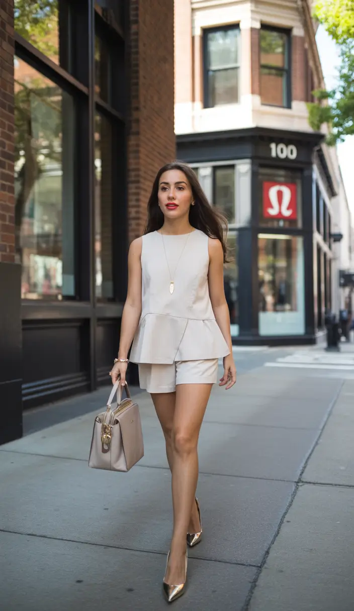 Peplum top with mini shorts and metallic heels