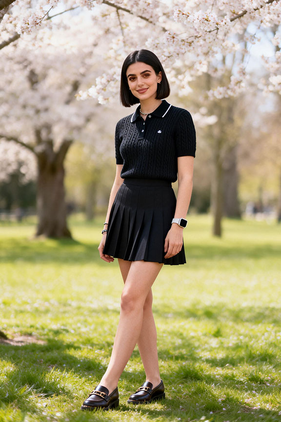 Black polo with pleated mini skirt