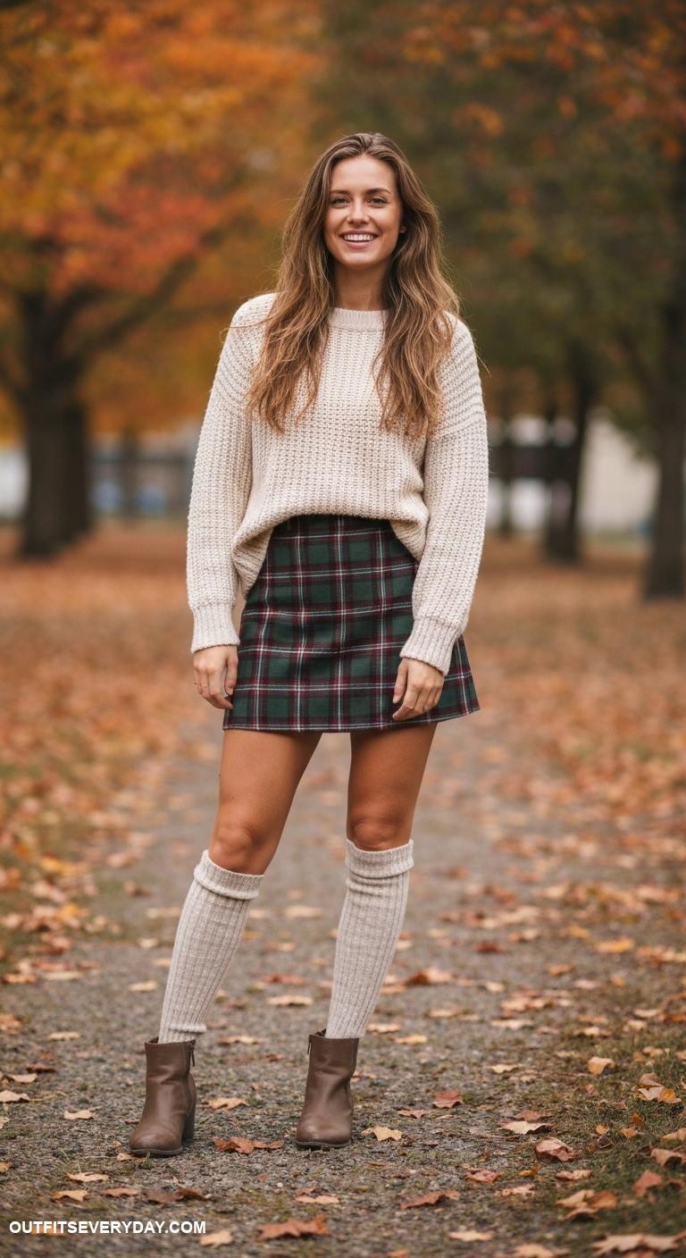 Tartan mini skirt with knit sweater