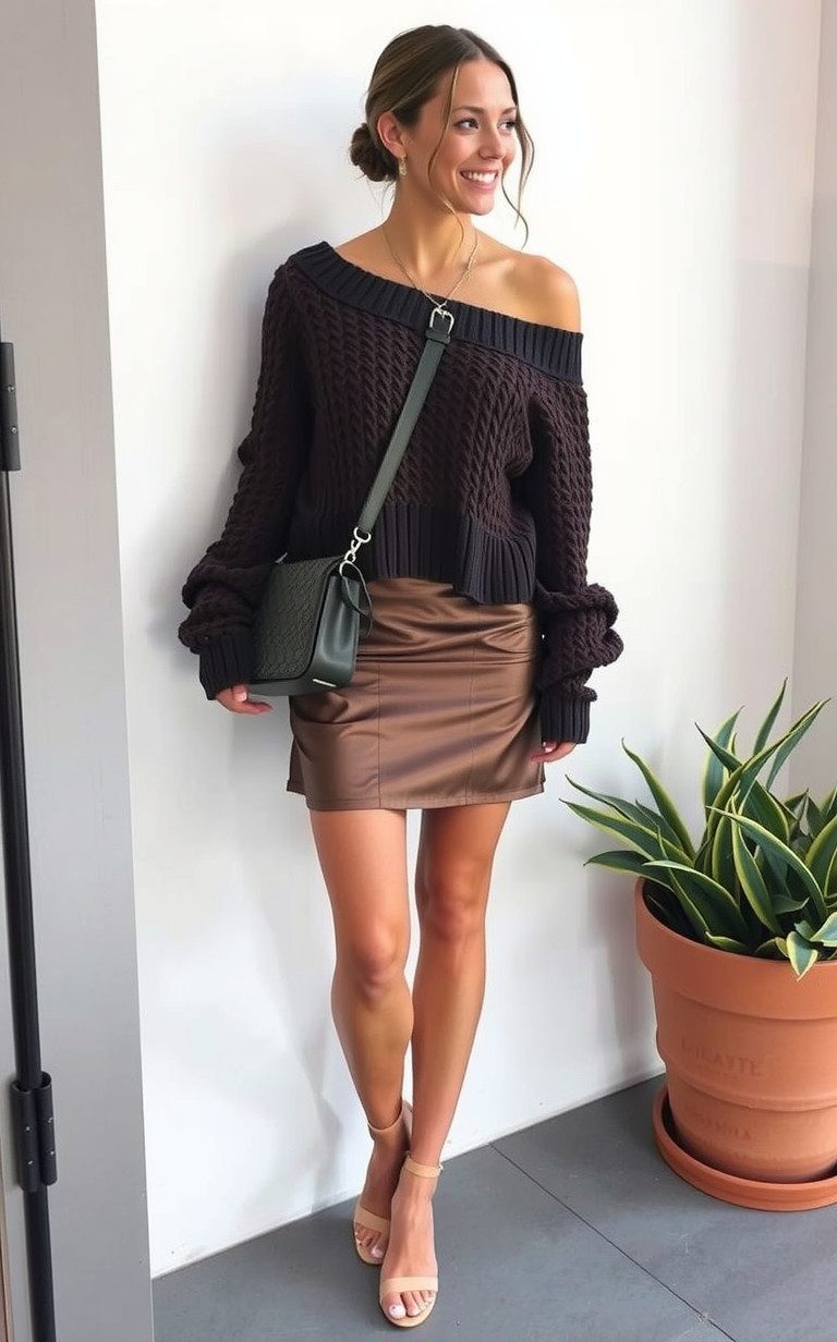 Brown satin mini skirt with sweater