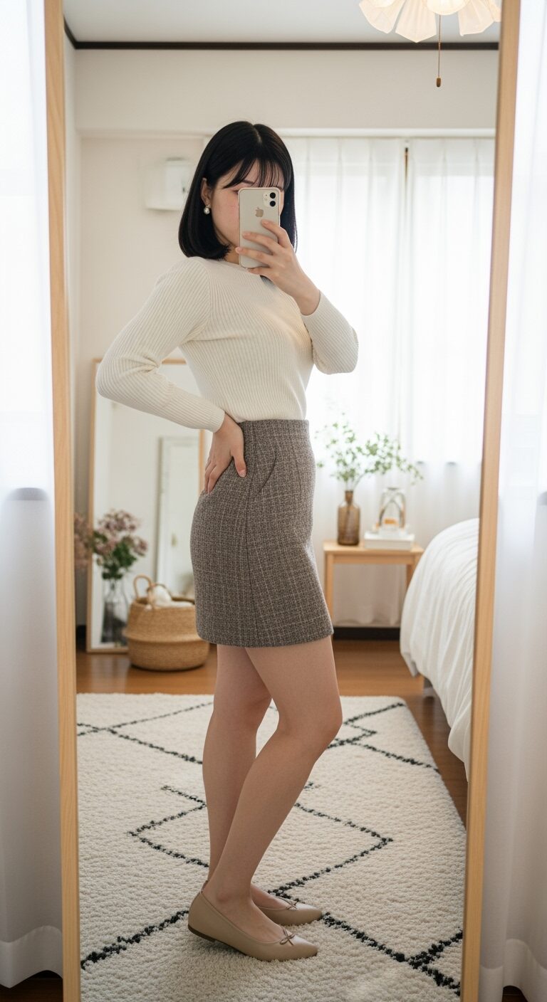 Knit sweater with tweed mini skirt