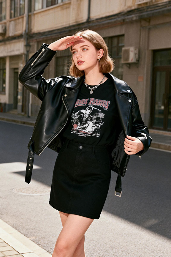 Leather jacket with graphic tee and mini skirt