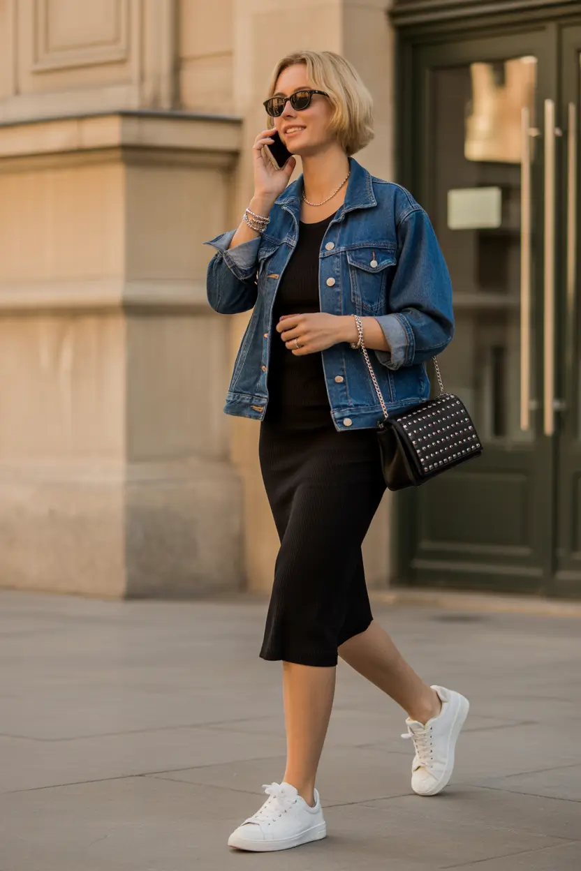 Woman in denim jacket and black dress, city chic style