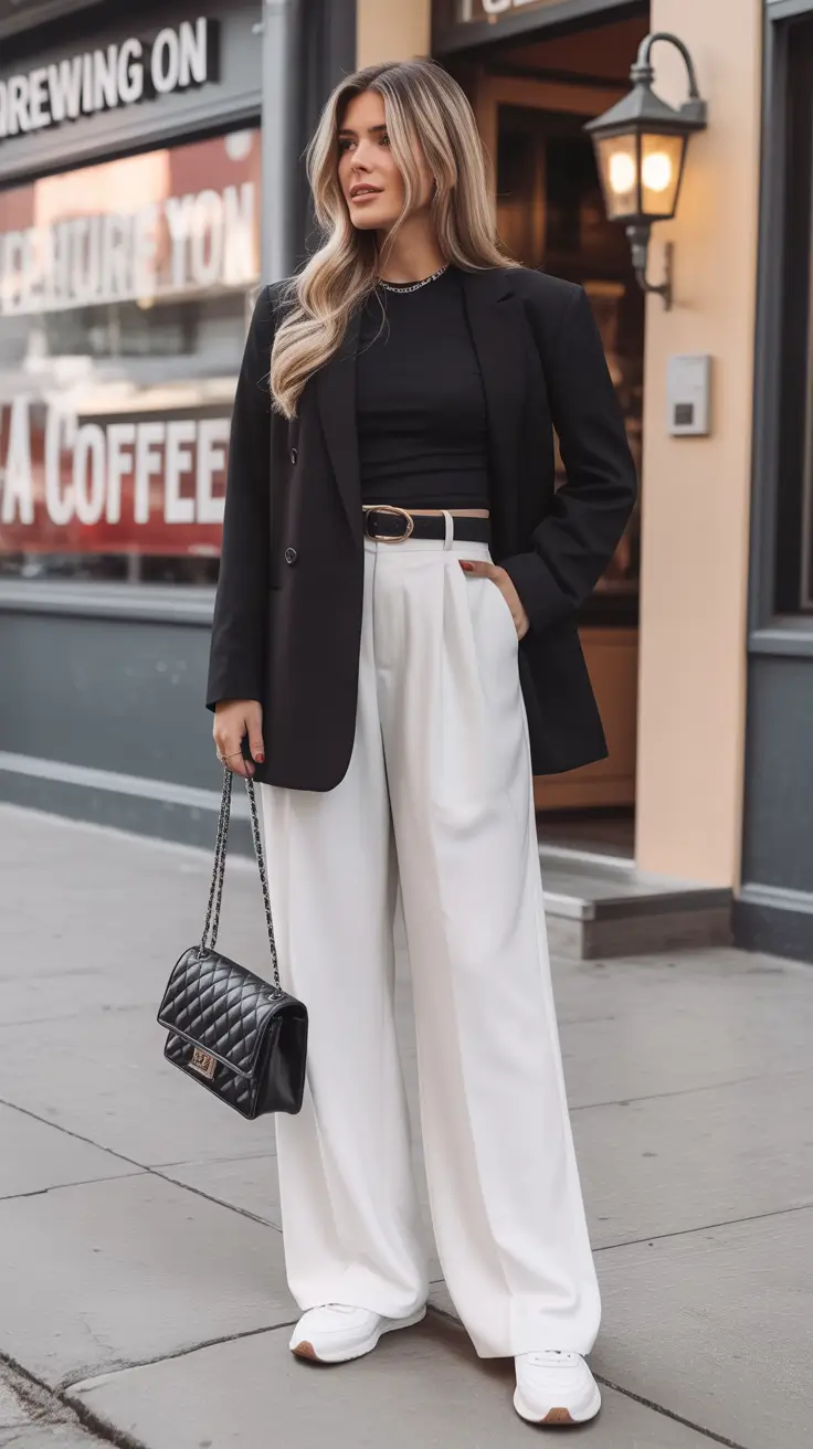 Woman in black and white outfit, modern minimalism