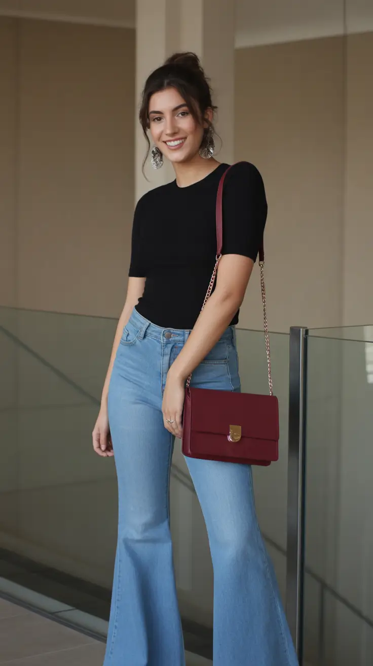 Woman in flared jeans and black top, retro chic