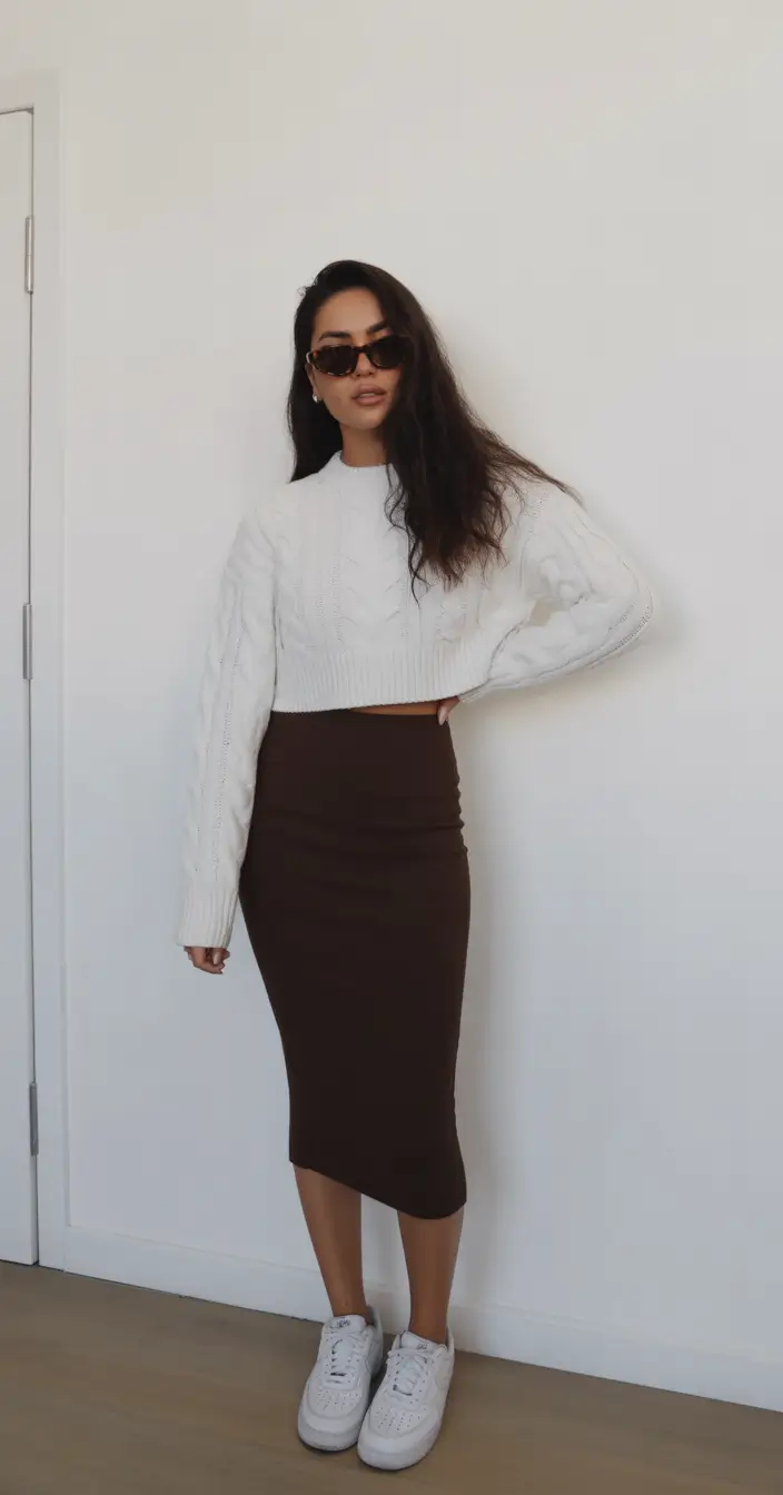 Woman in knit skirt and cropped sweater, sporty chic