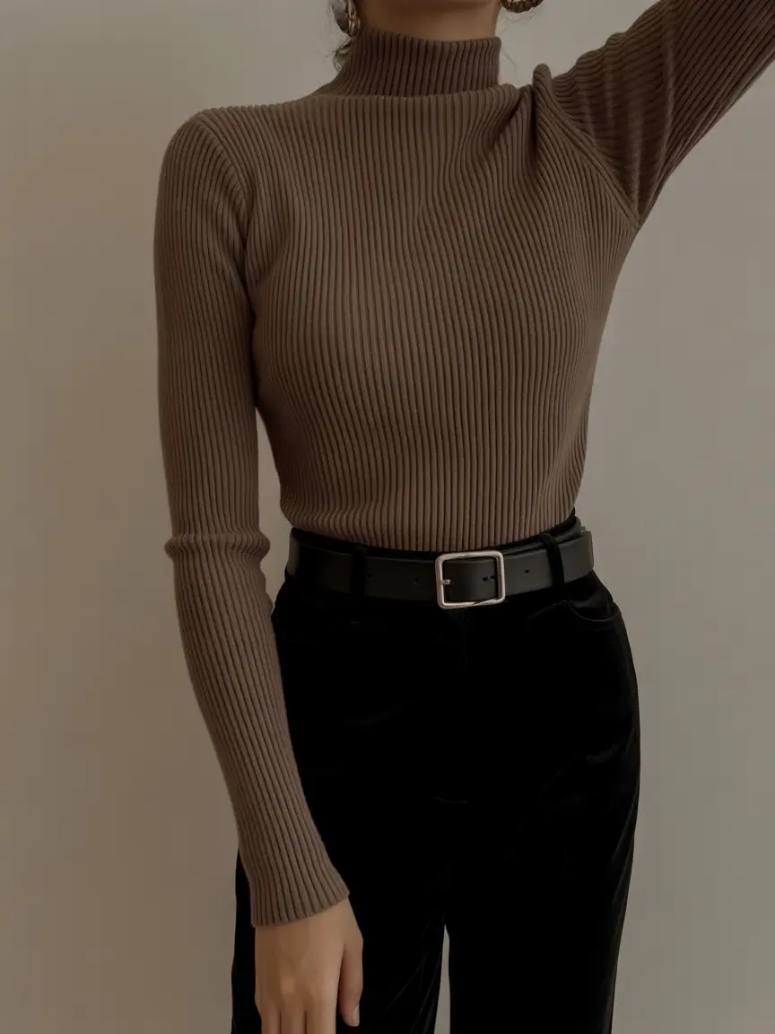 Ribbed knit top and black trousers, tactile texture trend