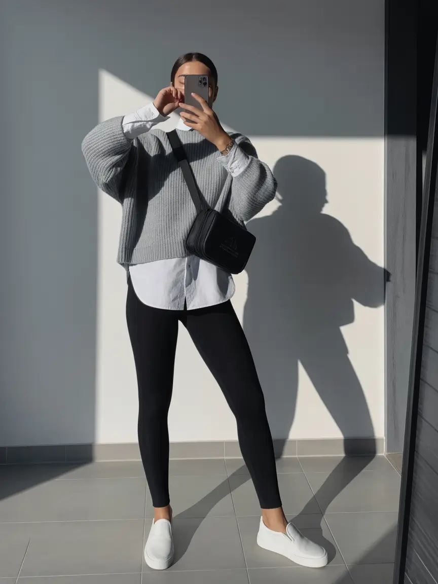 Grey knit sweater and black leggings, minimalist spring outfit