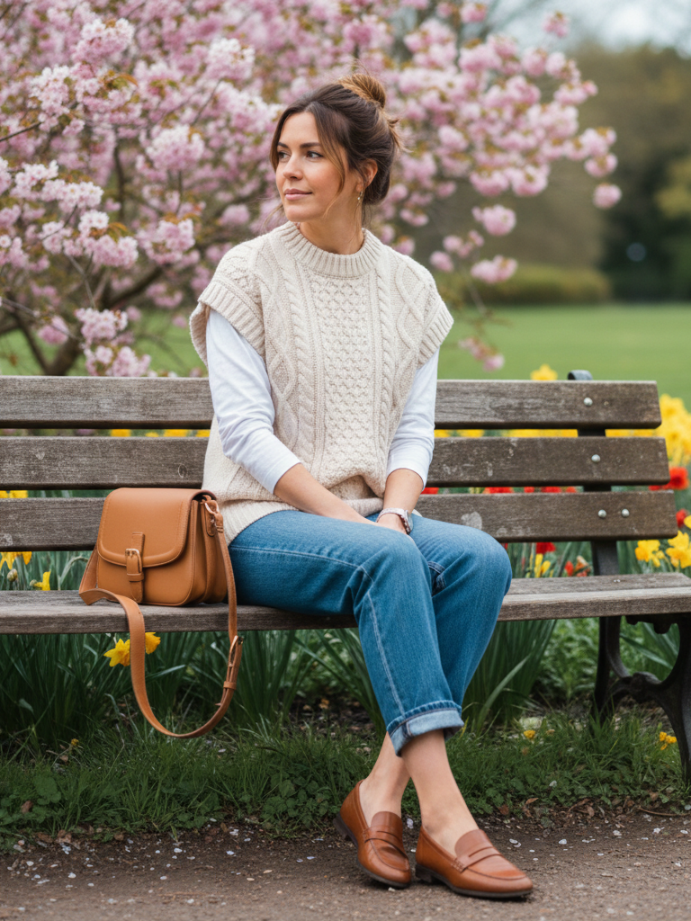 Cable knit vest and jeans, textured spring fashion
