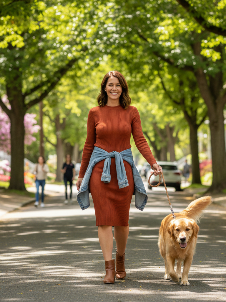 Rust dress with denim jacket, warm spring fashion