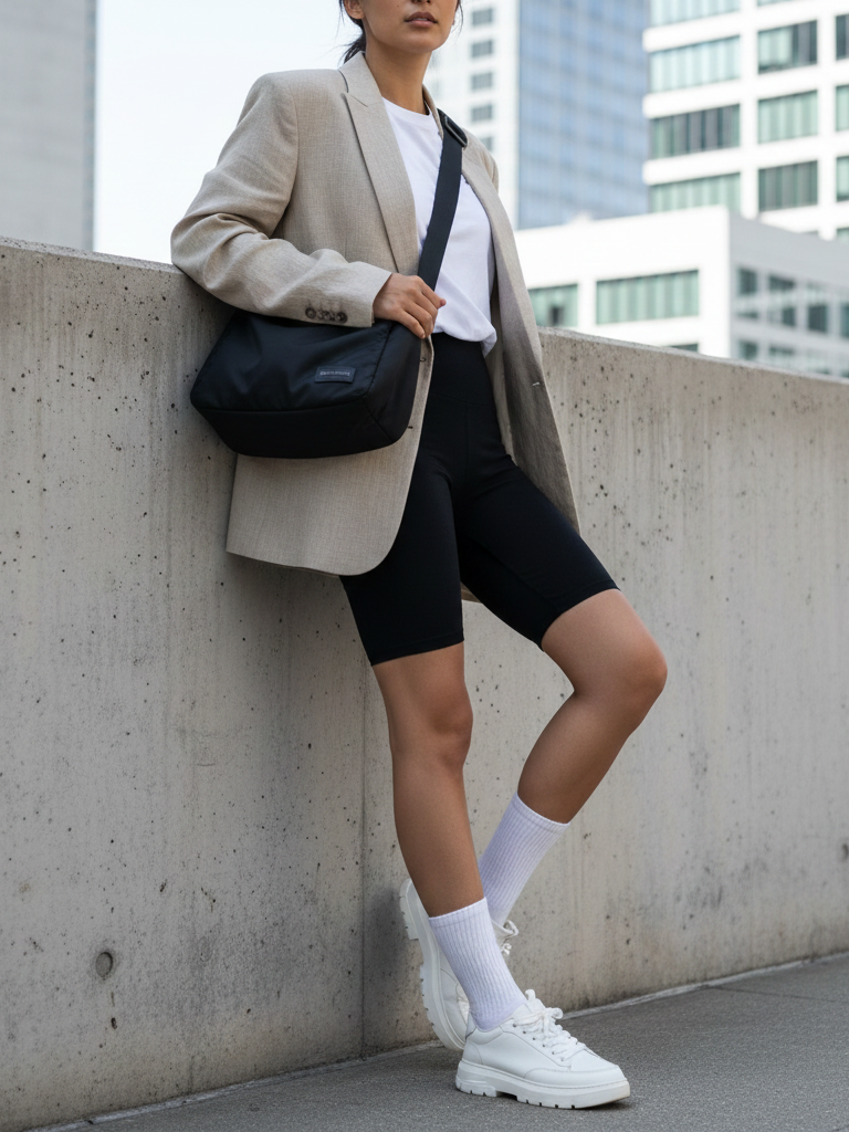 Blazer and biker shorts, sporty spring fashion