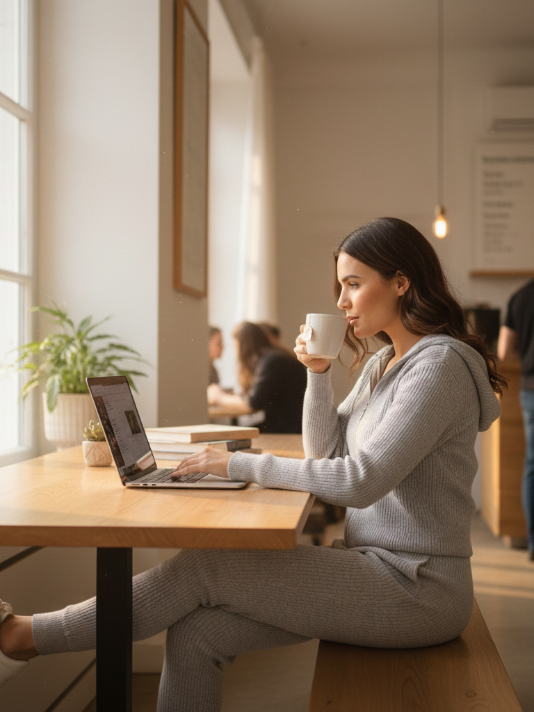 Woman in knit set, cozy spring outfit
