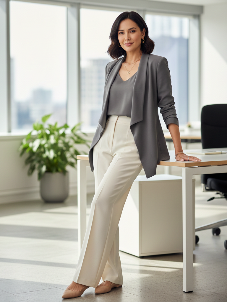 Grey blazer and white trousers, professional spring fashion
