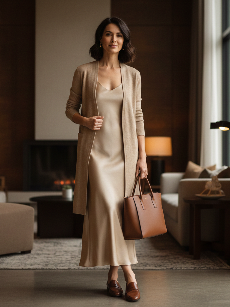 Satin dress and wool cardigan, luxurious spring outfit