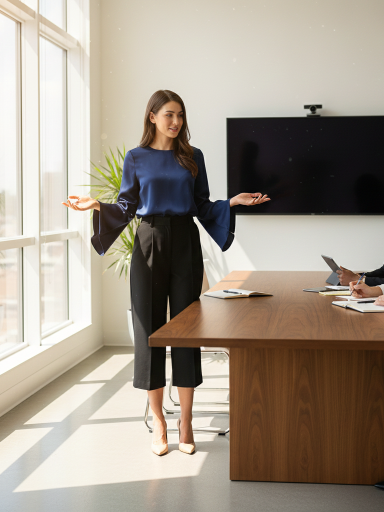 Woman in bell-sleeved blouse and black culottes, office fashion