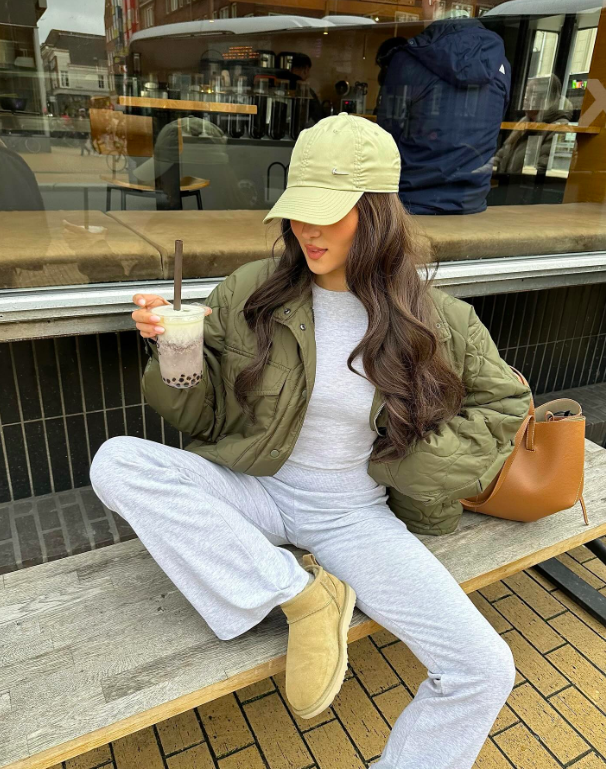 Quilted jacket and grey loungewear, casual spring fashion