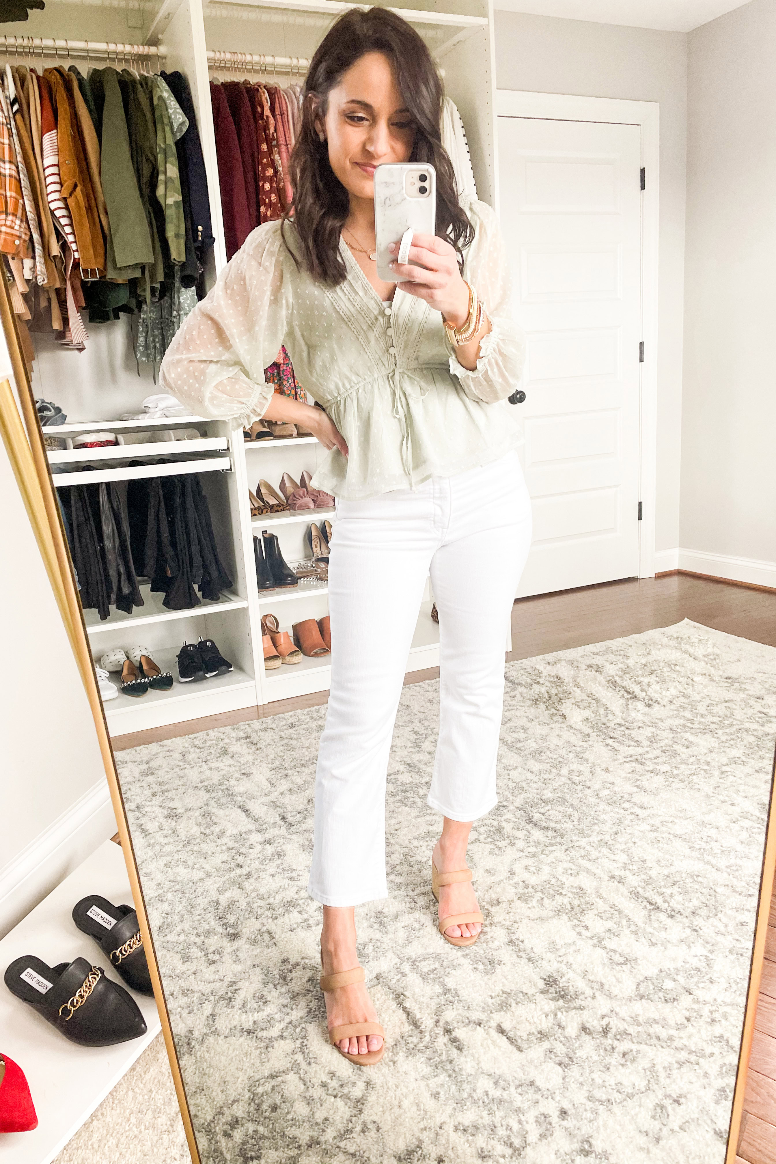 Sheer blouse and white jeans, fresh spring fashion