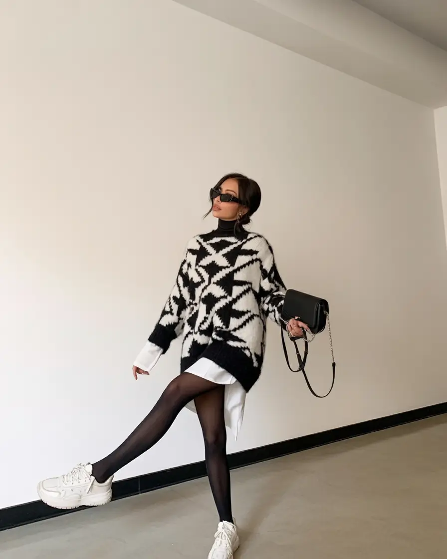 layered floral dress with oversized sweater and sneakers