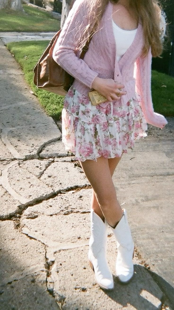 floral skirt with pastel cardigan and boots