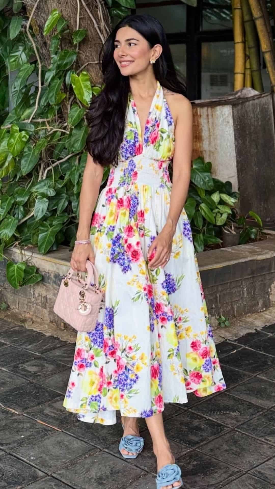 vibrant floral dress with halter neckline
