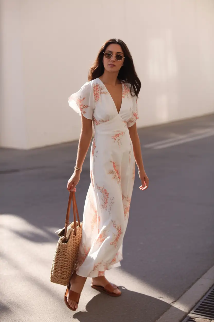 flowy floral maxi dress with basket bag