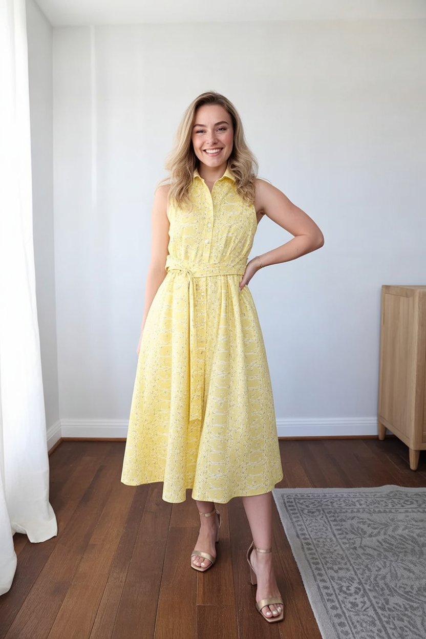 yellow belted floral dress with sandals