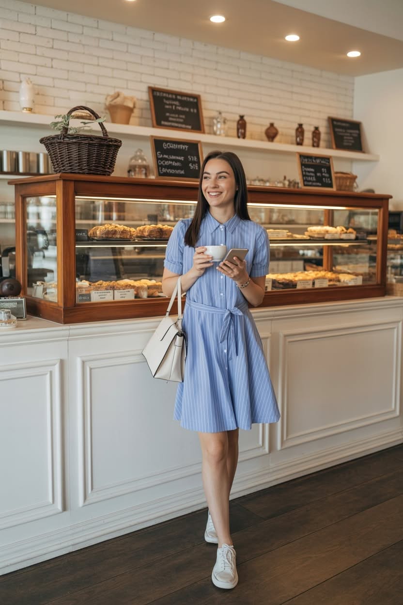 blue striped floral shirt dress with sneakers