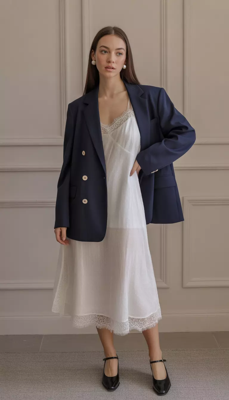 white slip dress with navy blazer