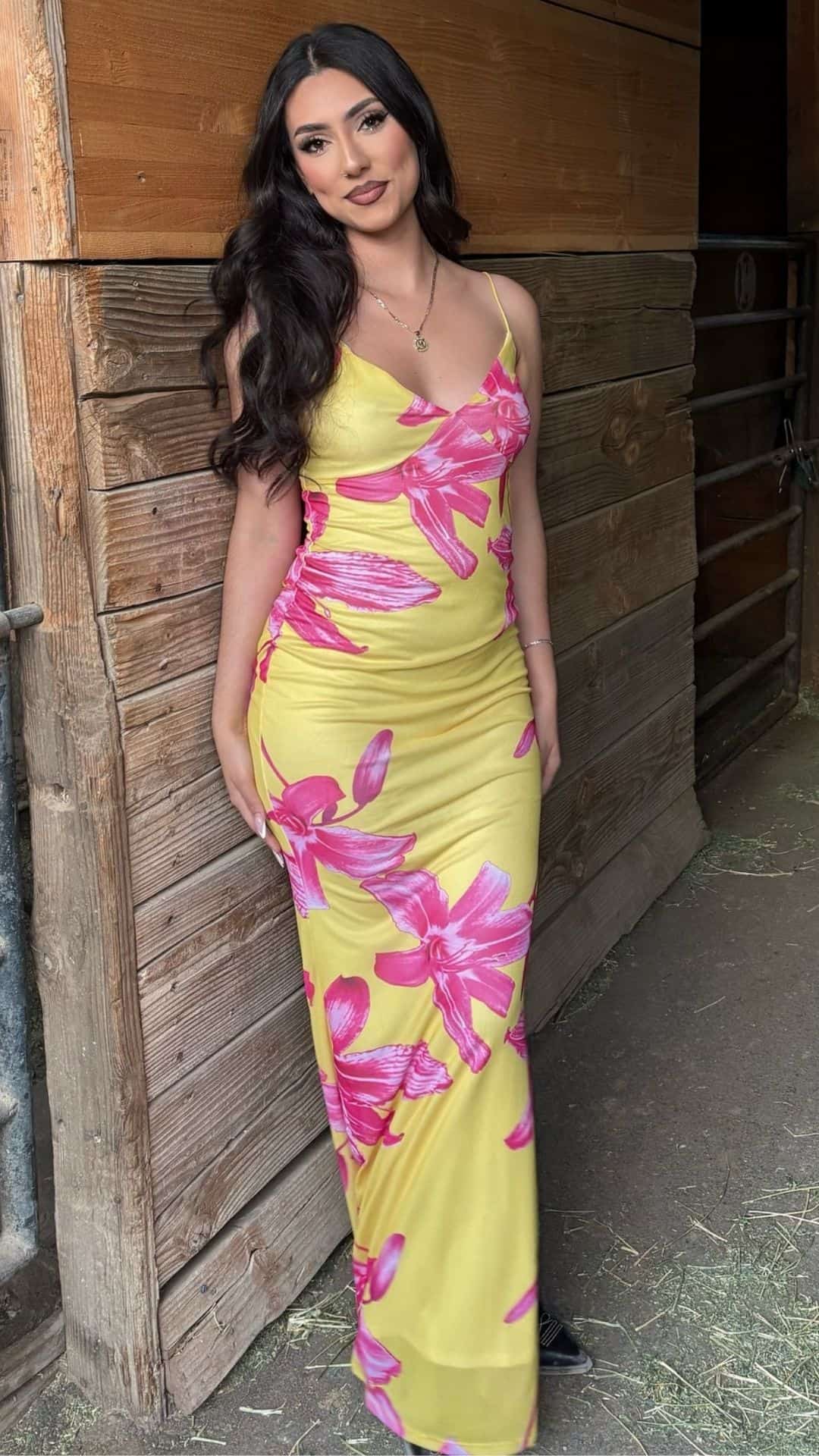 yellow floral maxi dress with pink flowers