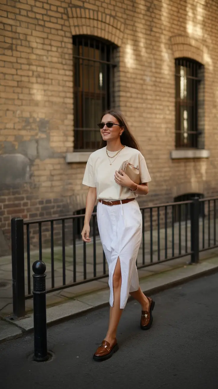 beige tee with white skirt and loafers