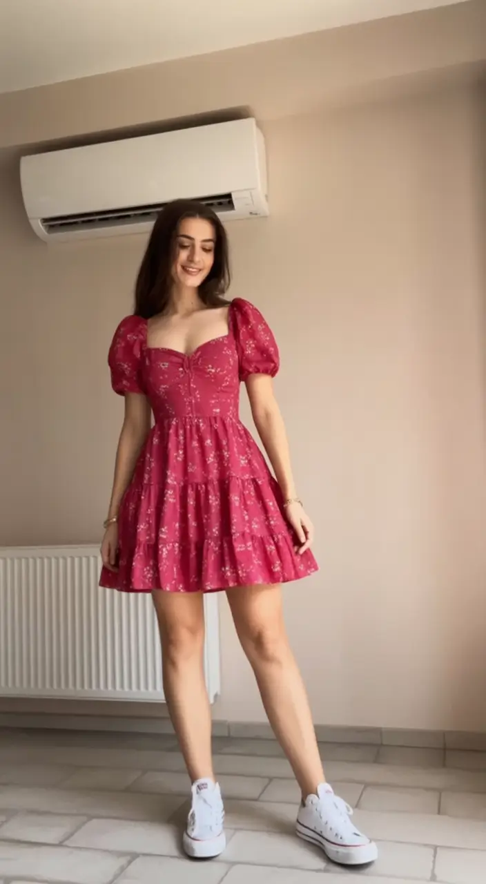 pink floral mini dress with puff sleeves