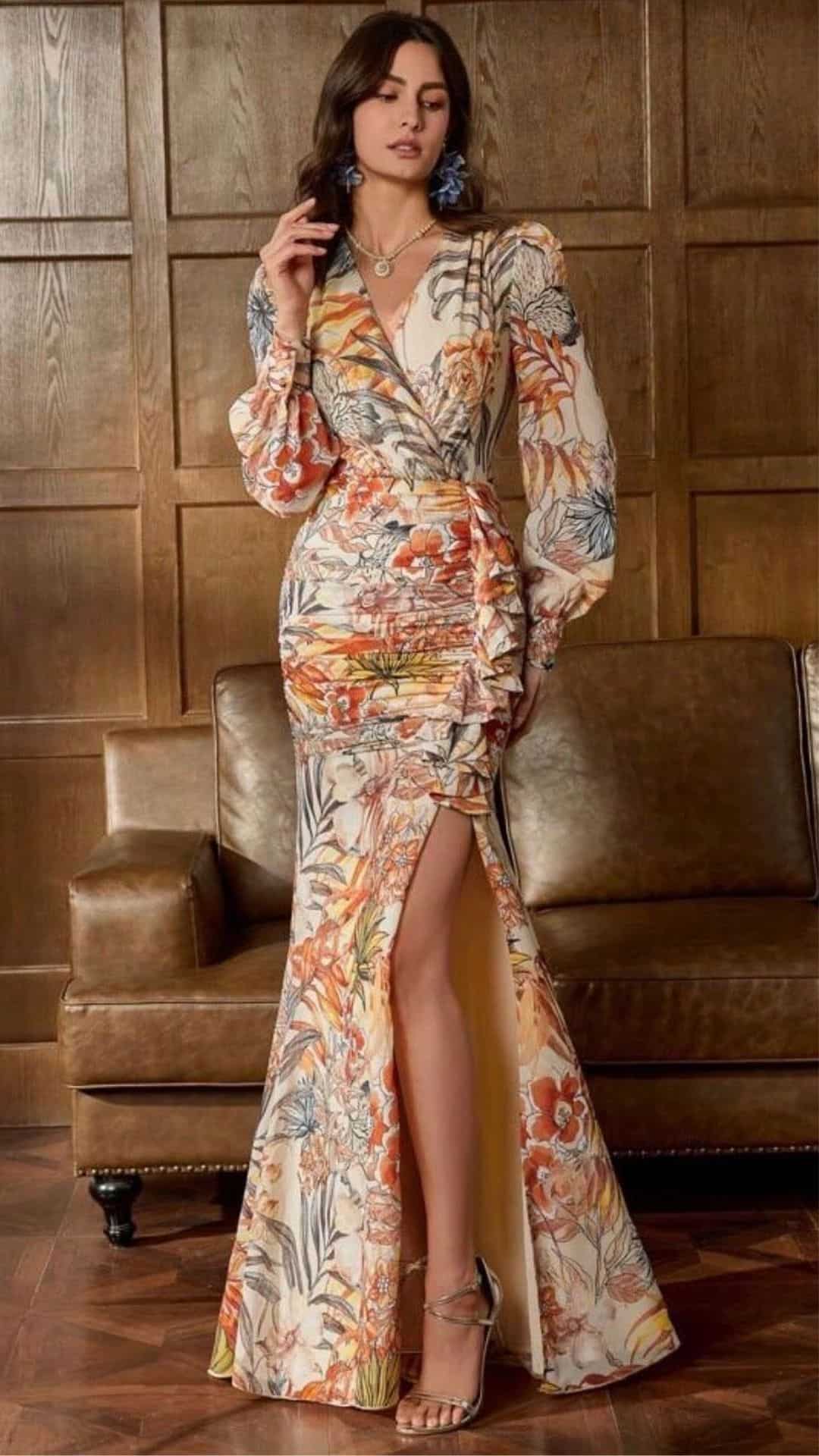 floral wrap gown with slit and long sleeves