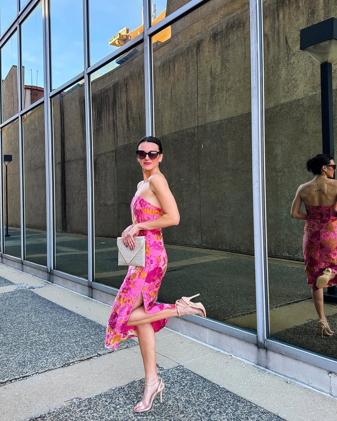 pink floral dress with asymmetric hem