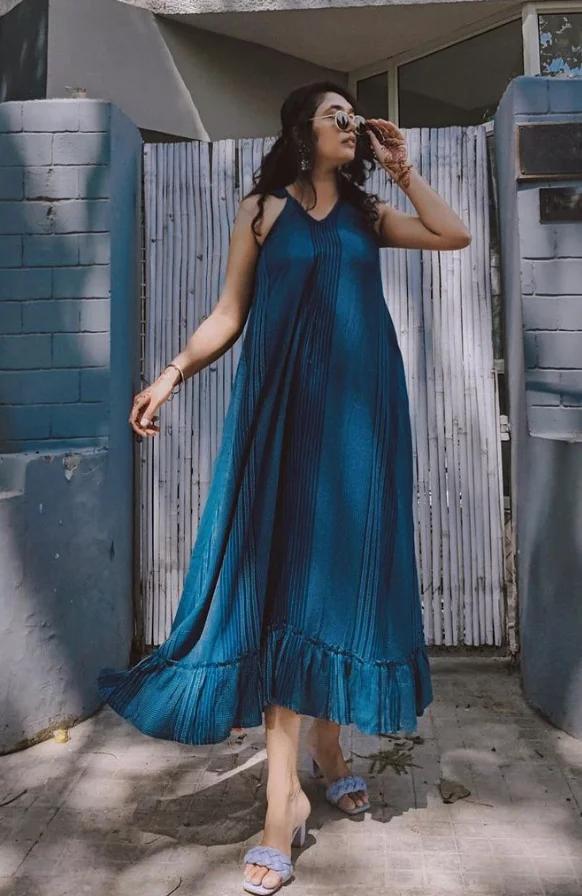Indigo maxi dress with ruffle hem
