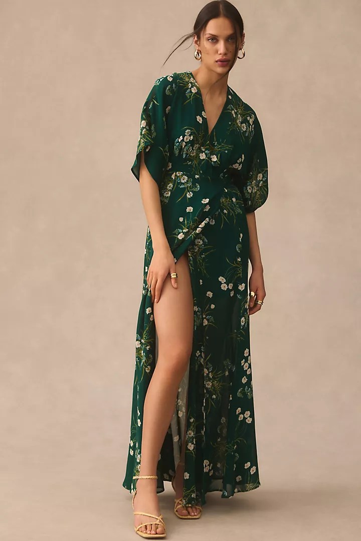 Green floral kimono maxi dress