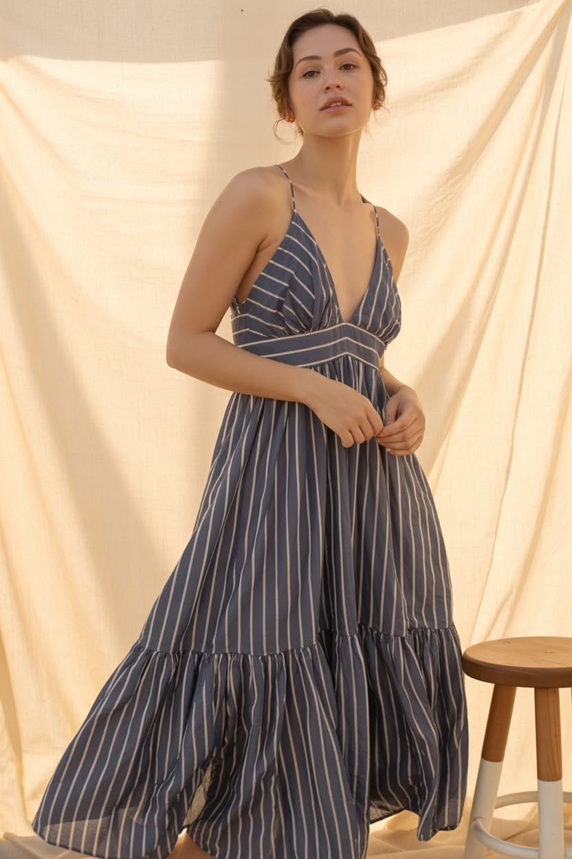 Navy striped maxi dress with tiered skirt