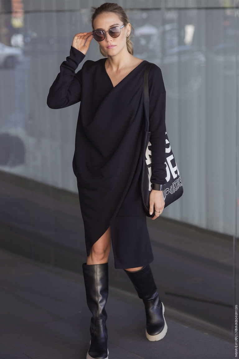 Black asymmetric wrap dress with boots