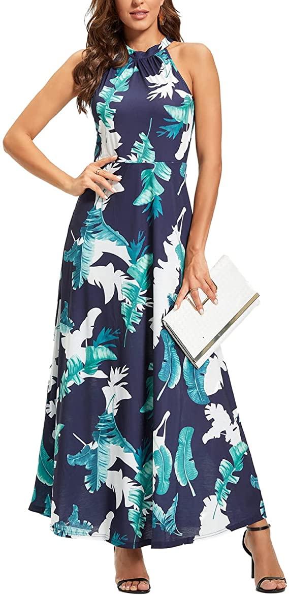 Blue tropical print halter maxi dress