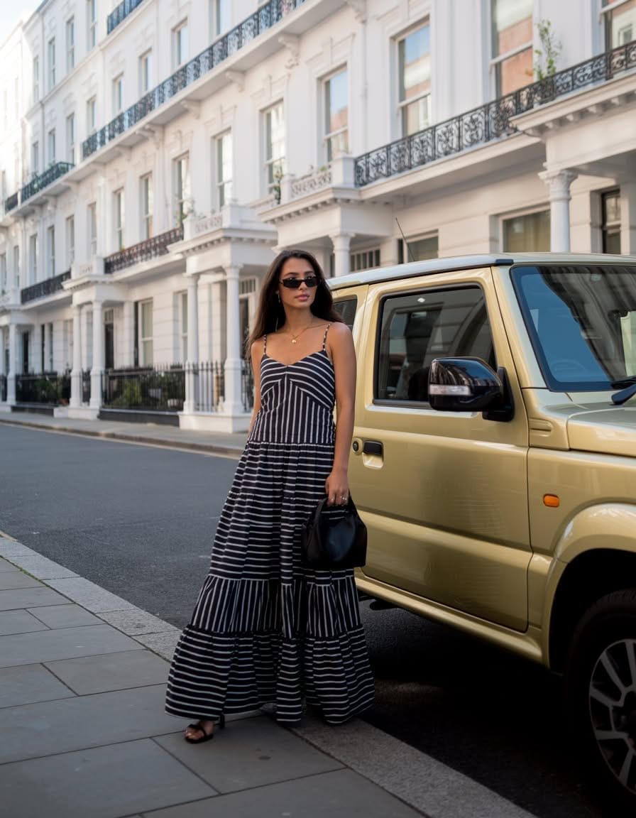 Black and white striped maxi dress with tiers