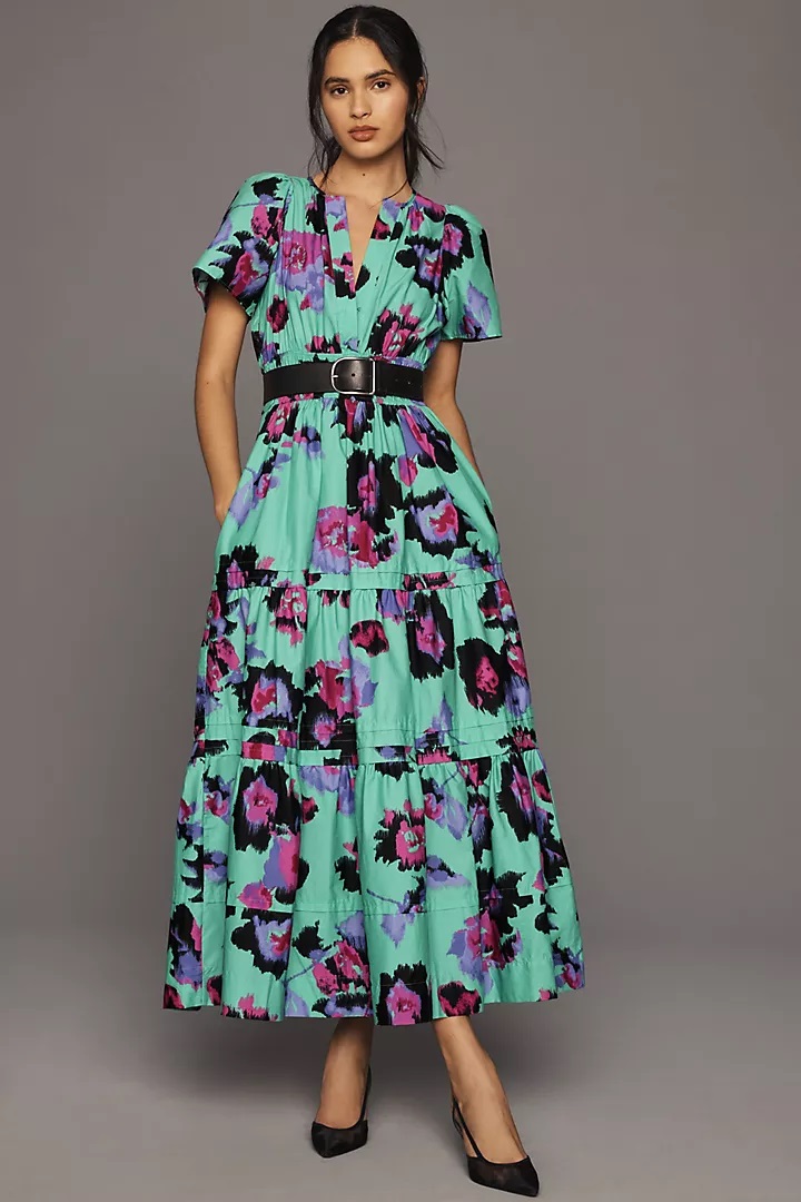 Floral tiered maxi dress with belt