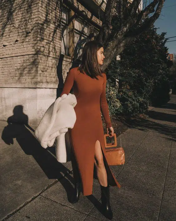 Rust midi dress with high slit