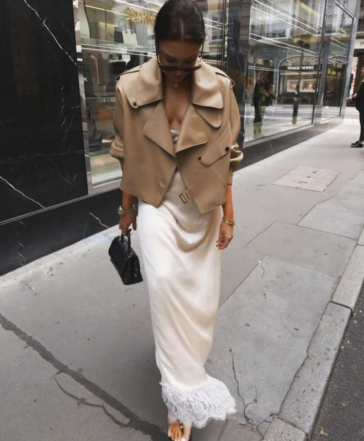 White satin slip dress with cropped jacket