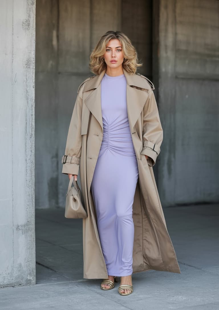 Lavender ruched dress with beige trench