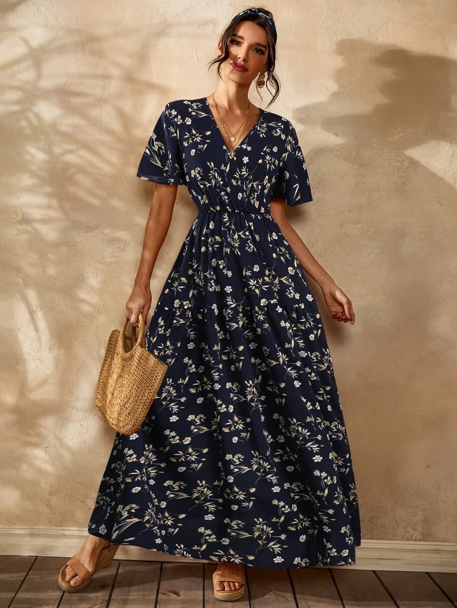 Navy floral maxi dress with short sleeves